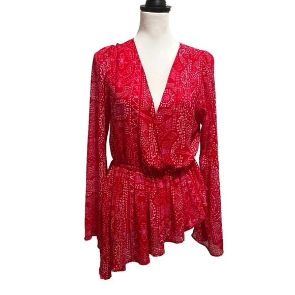 Free People Blouse. Red Sheer Asymmetrical Bell Sleeve. Medium. - Picture 1 of 9